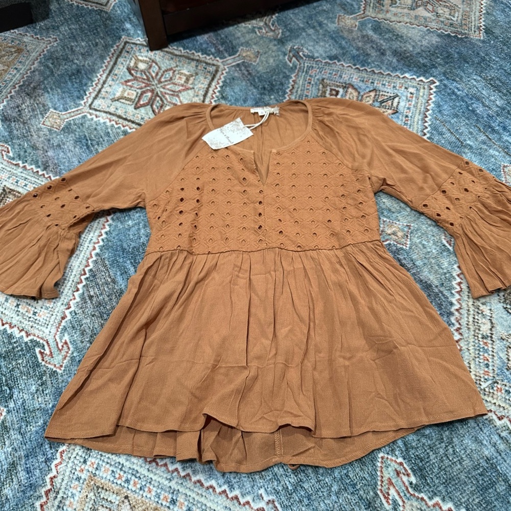 Hem & Thread‎ Women's Brown Blouse with Eyelet Design